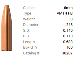 Barnes Geschoss 6mm/.243 58GR Varminator HP FB 100 Stück