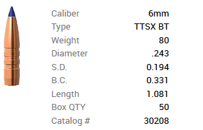 Barnes Geschoss 6mm/.243 80GR Tipped TSX BT 50 Stück