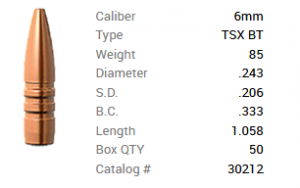 Barnes Geschoss 6mm/.243 85GR TSX BT 50 Stück