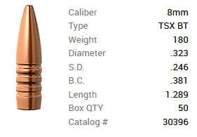 Barnes Geschoss 8mm/.323 180GR TSX BT 50 Stück