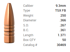 Barnes Geschoss 9,3mm/.366 250GR TSX HP FB 50 Stück