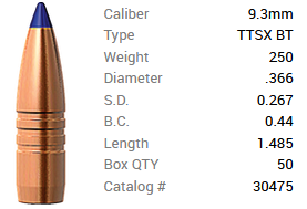 Barnes Geschoss 9,3mm/.366 250GR Tipped TSX Spitzer BT 50 Stück