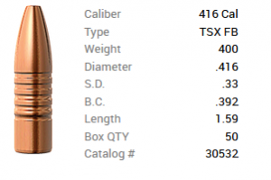 Barnes Geschoss .416/.416 400GR TSX HP FB 50 Stück