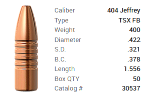 Barnes Geschoss .404 Jeffrey/.422 400GR TSX HP FB 50 Stück