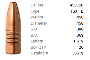 Barnes Geschoss .458/.458 450GR TSX HP FB 20 Stück