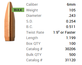 Barnes Geschoss 6mm/.243 105GR Match Burners BT 100 Stück