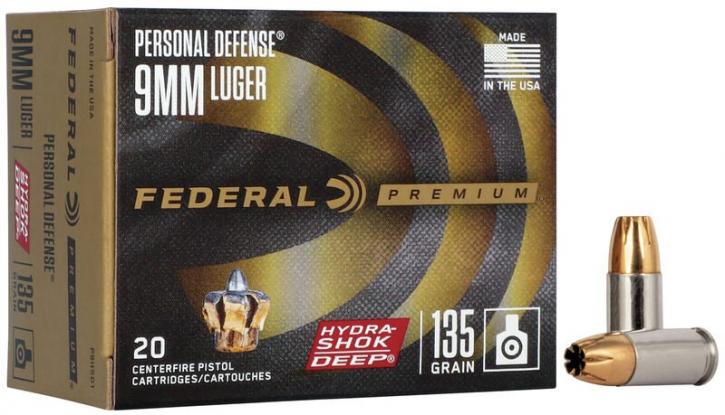 Federal Premium Personal Defense Hydra-Shok Deep 9mm Luger 135GR JHP 20 Patronen