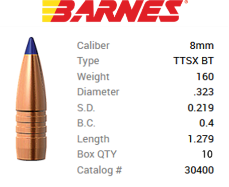 TESTPACK - Barnes Geschoss 8mm/.323 160GR Tipped TSX BT 10 Stück