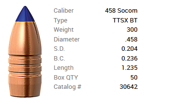 Barnes Geschoss .458 Socom/.458 300GR Tipped TSX Spitzer BT 50 Stück