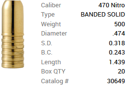 Barnes Geschoss .474 / 12,00mm 500GR Banded Solid 20 Stück