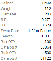 Barnes Geschoss 6mm/.243 112GR Match Burners BT 100 Stück